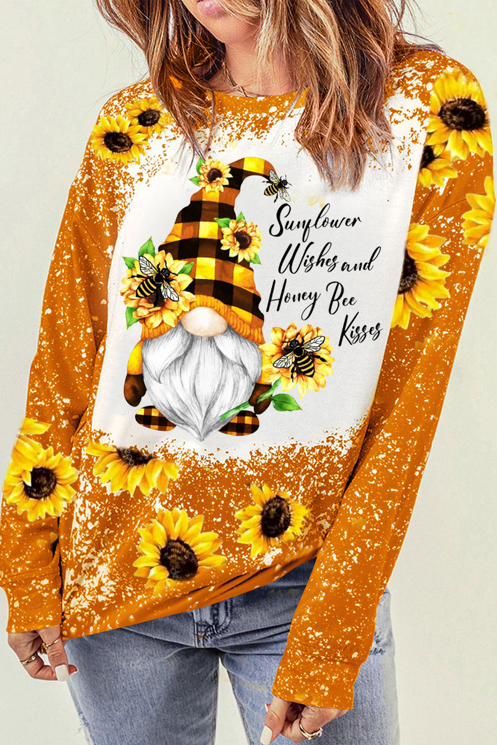Western Gnomes with Bees and Sunflowers Plaid Bleached Sweatshirt
