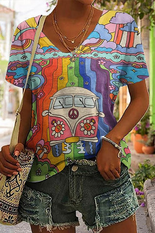 Hippie-Friedensbus-Regenbogen-Druck-T-Shirt mit V-Ausschnitt