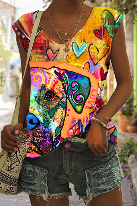 Forever In Love With Dogs Vintage Oil Painting Abstract Cute Style V-neck Tank Top