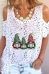 Christmas Gnomes Print Polka Dots Cold Shoulder T-Shirt