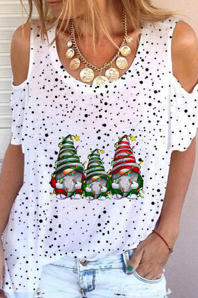 Christmas Gnomes Print Polka Dots Cold Shoulder T-Shirt