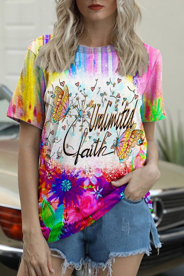 Trendy Oil Painting Vintage Rainbow Flowers & Dandelions Inspirational Print Round Neck T-shirt