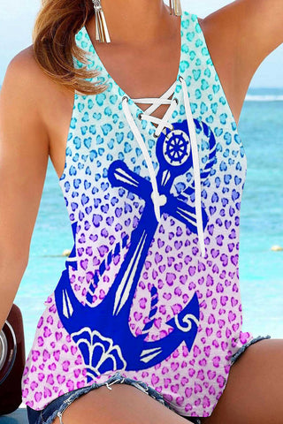 Leopard Anchor in Vintage Style Patchwork Colors Lace Up Tank Top