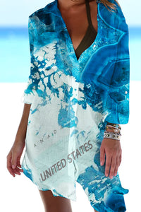 Sea Waves Texture Usa Map & American Flag Pineapple For Tropical Vacation Patch Front Pockets Shirt