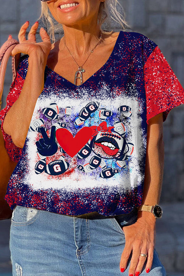 Red & Blue Contrasting Love & Peace Football Printed Dolman Sleeves Tee