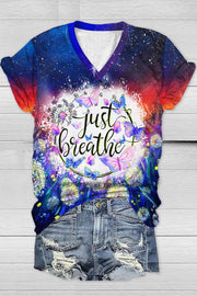 Trendy Oil Painting Vintage Flowers & Dandelion Just Breathe V Neck T-shirt