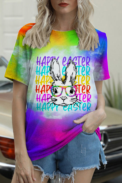 Happy Easter Rainbow Bunny With Glasses Tie Dye Print Round Neck T-shirt