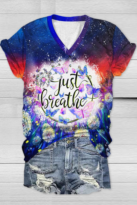 Trendy Oil Painting Vintage Flowers & Dandelion Just Breathe V Neck T-shirt