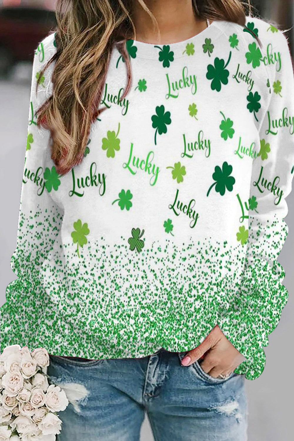 Green Glitter Lucky Leaf Clover Long-Sleeved Sweatshirt