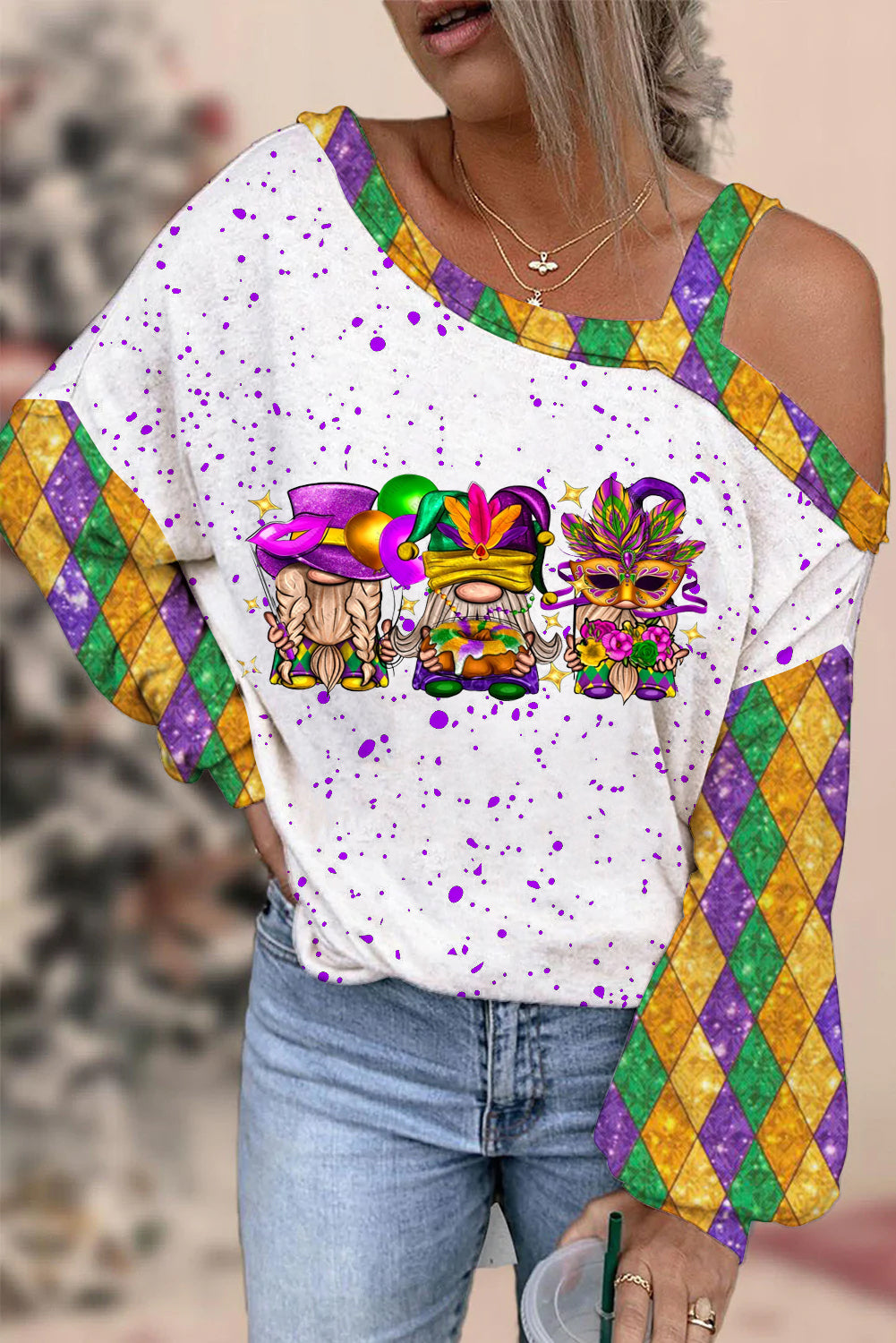 Mardi Gras Gnomies Cakes Flowers And Balloon Print Off-Shoulder Blouse