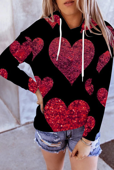 Glitter Red Heart Sparkles Print Hoodie