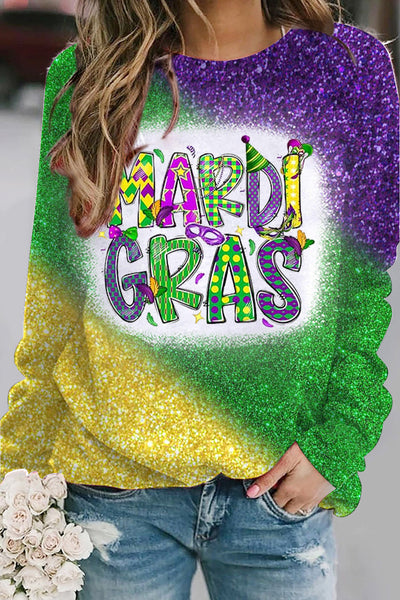 Glitter Mardi Gras Carnival Mask King Polka Bleached Print Sweatshirt