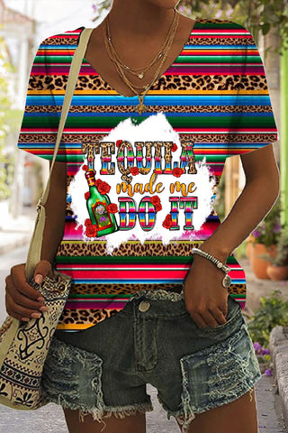 Tequila Made Me Do It Mexican Festival Printed V Neck T-shirt