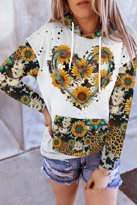 Cowhide Heart And Sunflower Print Hoodie