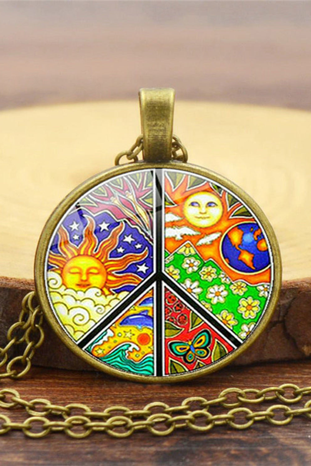 Sun With Starry Moon Peace Sign Vintage Resin Crafts Necklace