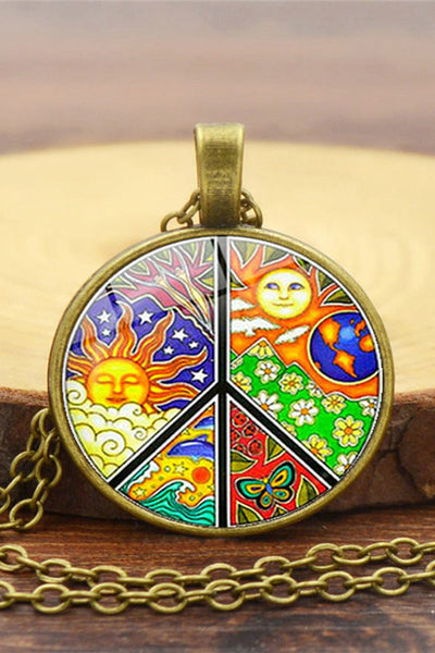 Sun With Starry Moon Peace Sign Vintage Resin Crafts Necklace