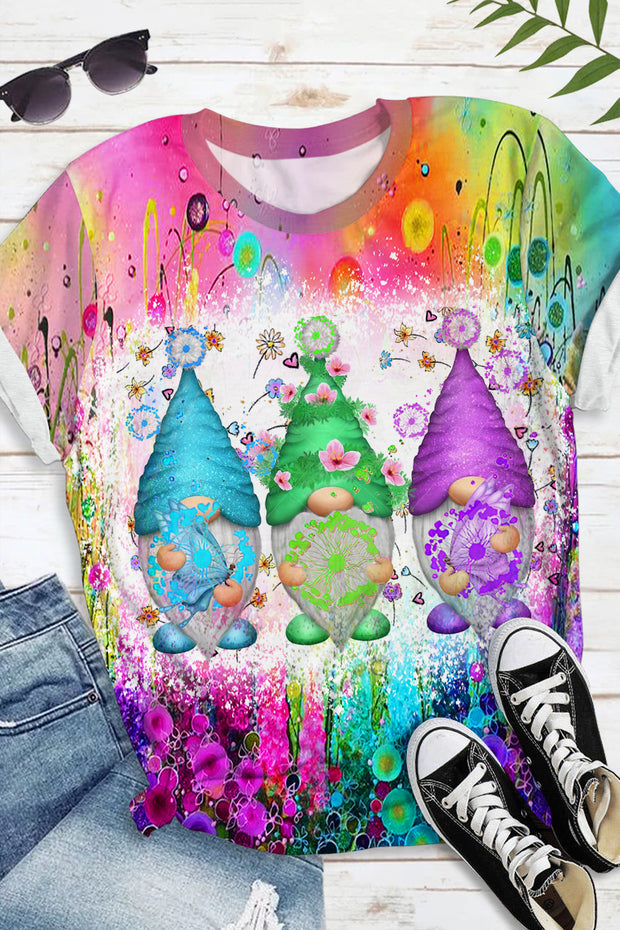 Trendy Oil Painting Vintage Rainbow Flowers & Three Gnome Dandelions Round Neck Short Sleeve T-shirt