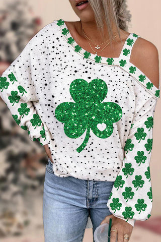 Glitter Lucky Clover St. Patrick's Day Polka Dots Print Off-Shoulder Blouse