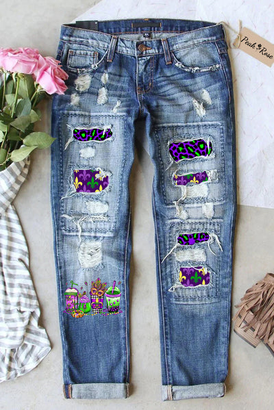 Mardi Gras Coffee Cups Mask Fleur De Lis Leopard Polka Print Ripped Denim Jeans