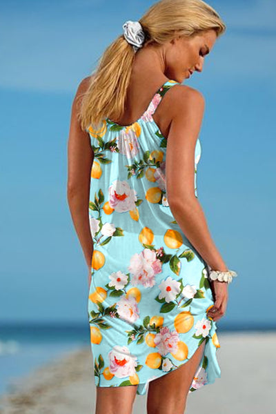 Spring Floral Lemon Print Sleeveless Dress