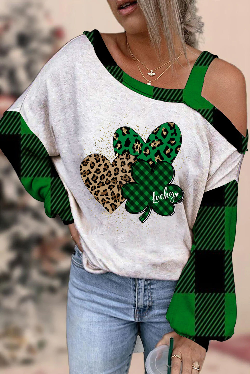 Green Leopard Plaid Lucky Hearts Off-shoulder Blouse