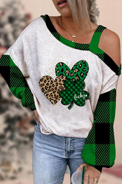 Green Leopard Plaid Lucky Hearts Off-shoulder Blouse