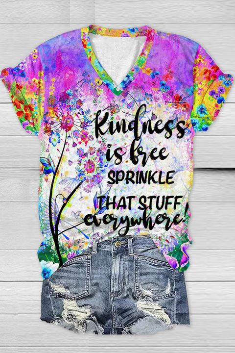 Vintage Flowers & Dandelion Kindness Is Free Sprinkle That Stuff Everywhere V Neck T-shirt