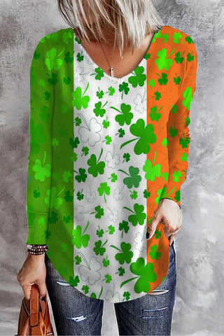 Green White Orange Tricolor St Patrick's Day Shamrocks Tye Dye Printed V Neck Long Sleeve T-Shirt