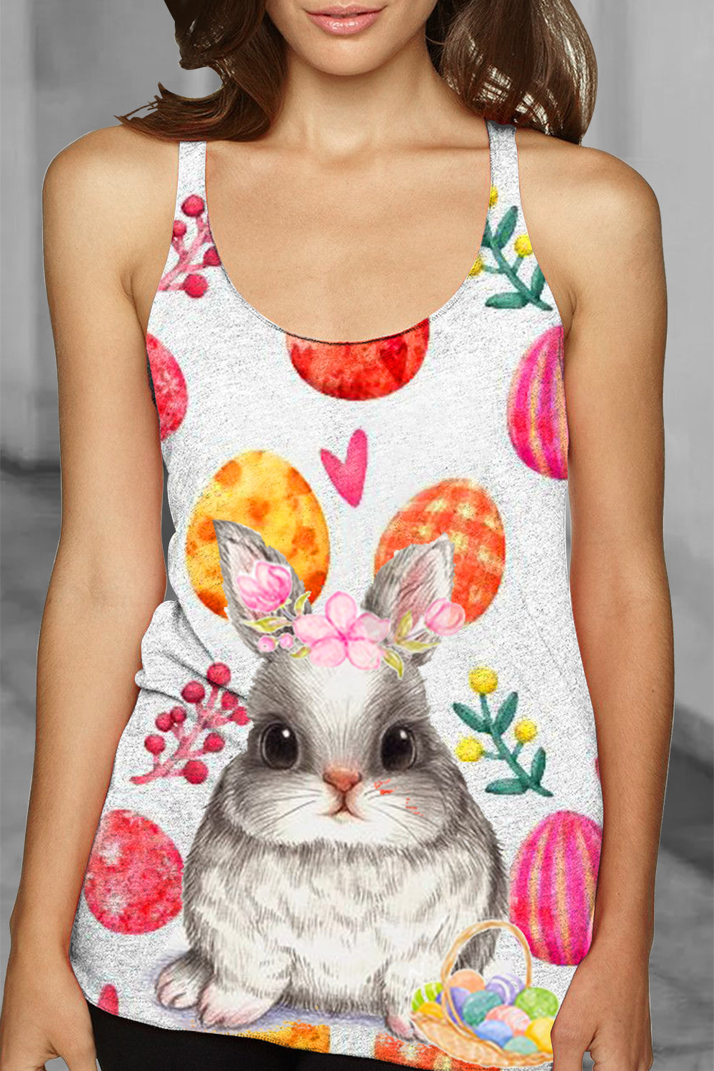 Happy Easter Cute Rabbit Selling Colored Eggs Racerback Tank Top