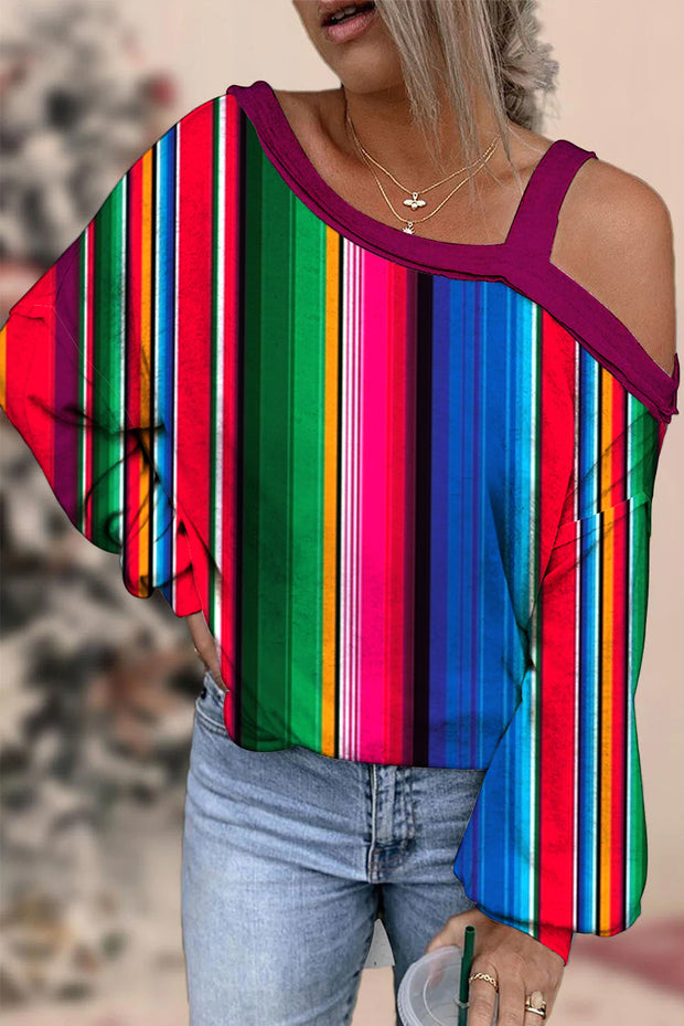 Cinco De Mayo Mexican Western Striped Print Off-Shoulder Blouse