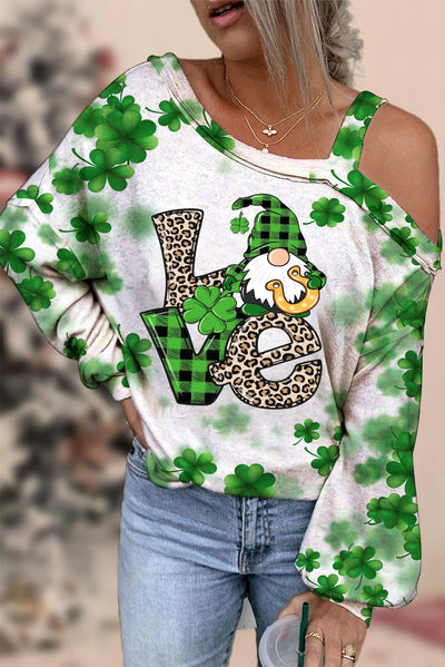 St. Patricks Day Gnomes Love Print Off-shoulder Blouse