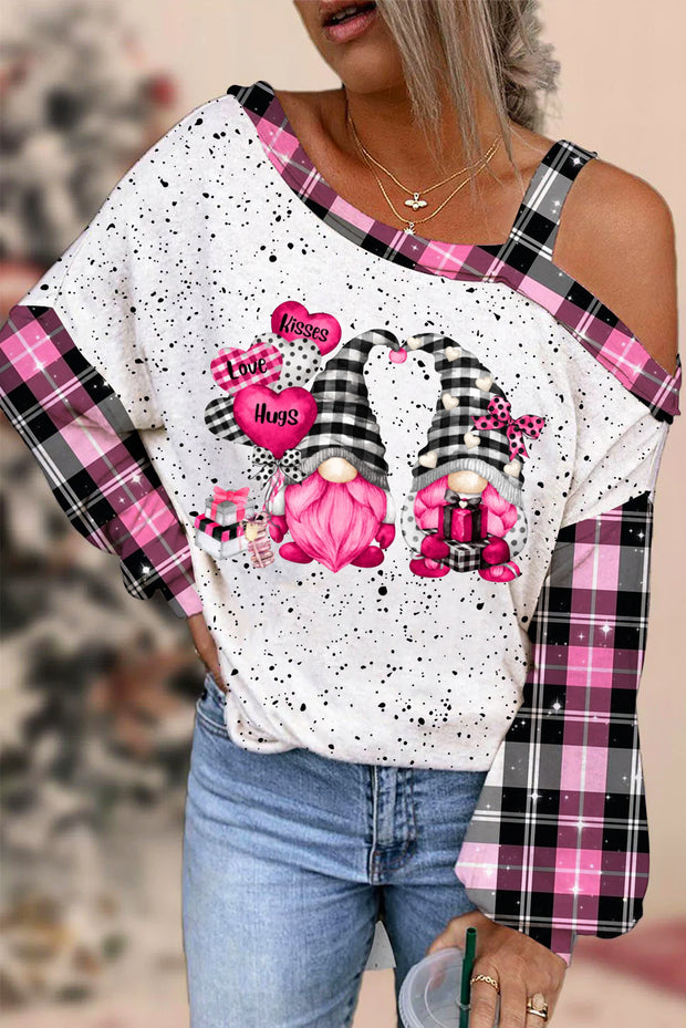 Gnomes Love Heart-Shaped Balloons Plaid Polka Print Off-Shoulder Blouse