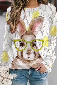 Cute Easter Bunny With Glasses In Easter Eggs Forest Printed Sweatshirt