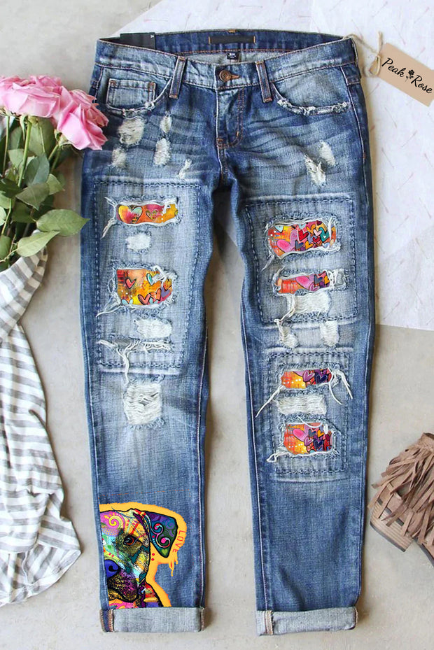 Forever In Love With Dogs Vintage Oil Painting Abstract Cute Style Ripped Denim Jeans