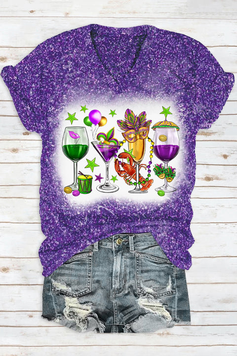 Mardi Gras Carnival Fat Tuesday Print V Neck Short Sleeve T-shirt