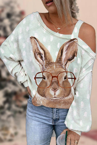 Casual Easter Bunny Rabbit With Red Glasses Print Off-Shoulder Blouse