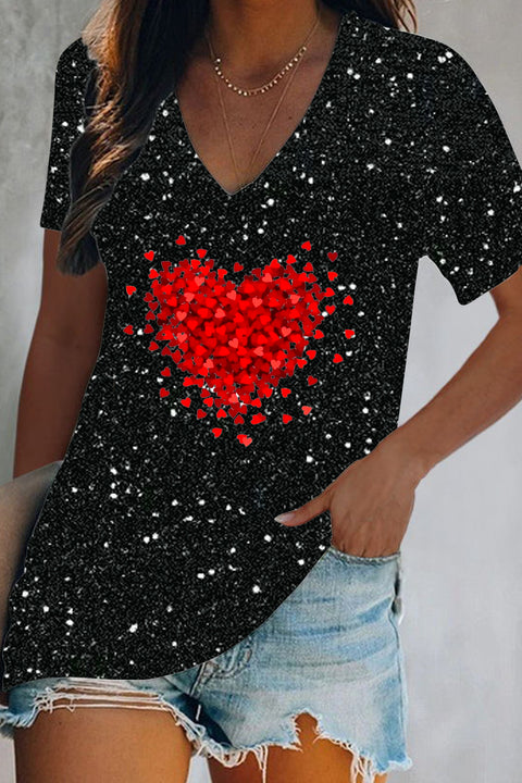 Glitter Splatter Heart-Shaped V-Neck T-Shirt