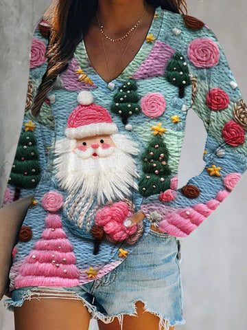 Women's Loose Colorful Santa Claus printed T-shirt
