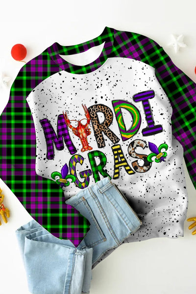 Mardi Gras Plaid Crawfish With Fleur De Lis Polka Print Sweatshirt
