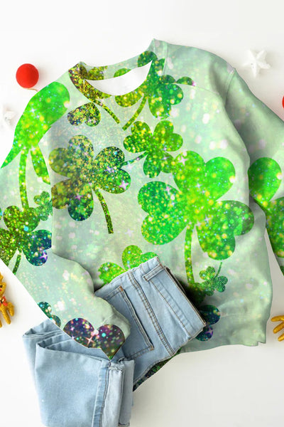 Casual Glitter Lucky Green Shamrocks Paid Printed Sweatshirt