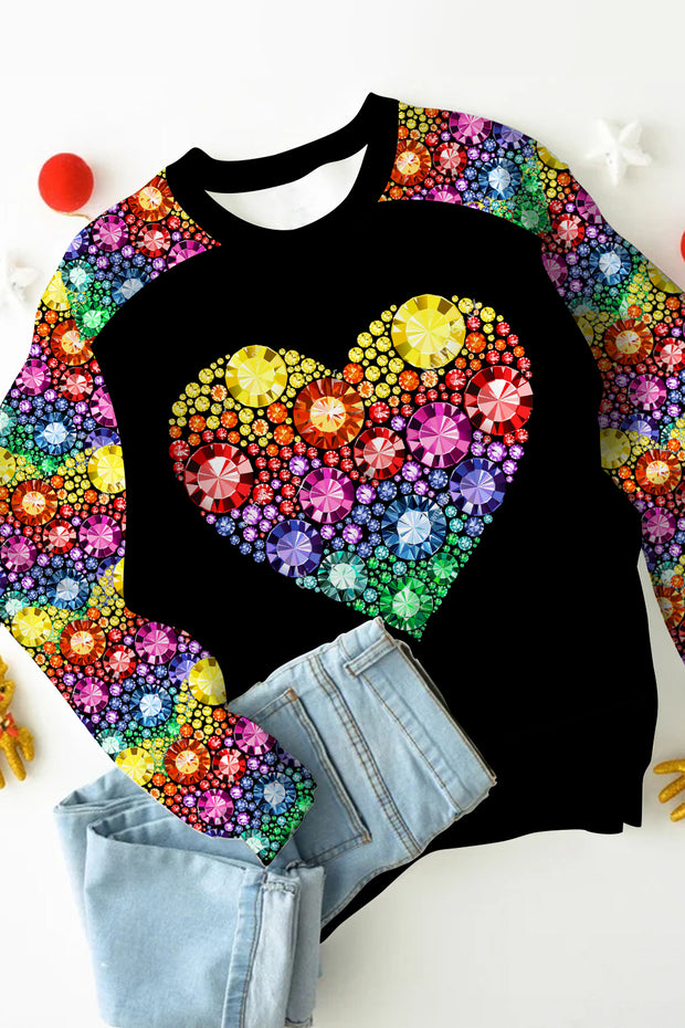 Retro Colorful Rhinestone Love Diamond Love Print Sweatshirt