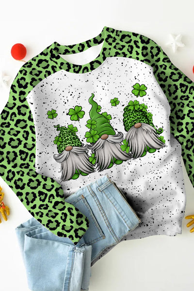 Green Leopard Leaf Clover Gnomes Print Long-Sleeved Sweatshirt