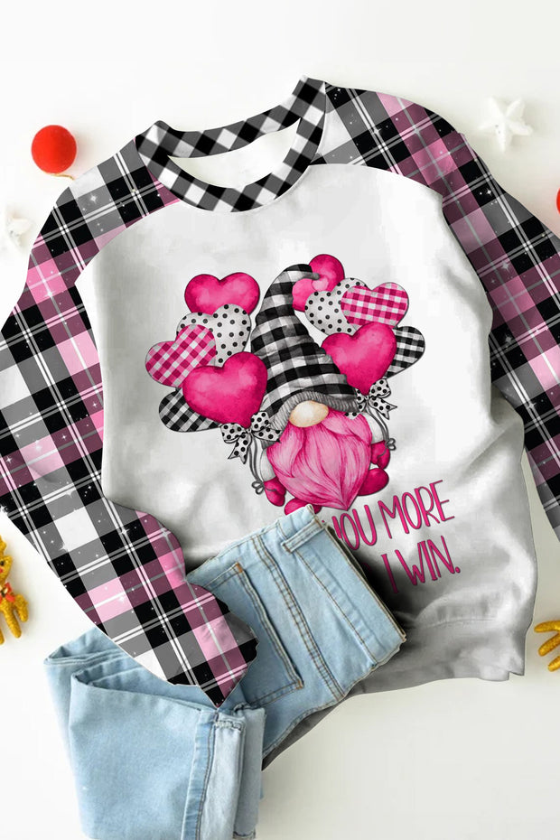 Gnomes Love Heart-Shaped Balloons Plaid Polka Print Sweatshirt