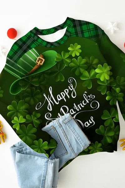 Happy St Ratricks Day Green Clover Flower Body Lettering Print Long-Sleeved Sweatshirt