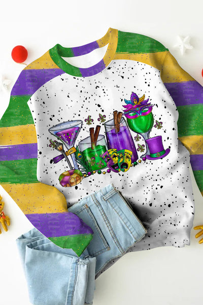 Mardi Gras Wine Glasses With Fleur De Lis Clown Mask  Polka Dots Print Sweatshirt