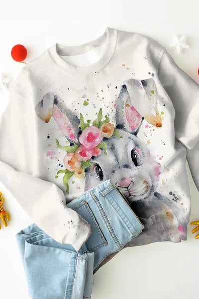 Bunny Rabbit Wearing Spring Flower Wreath  Multicolor Ink Dots Printed Casual Sweatshirt