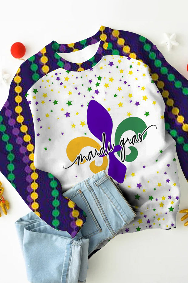 Mardi Gras Fleur De Lis Beads Stars Sweatshirt