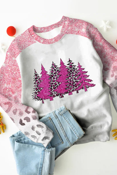 Pink Christmas Tree Print Casual Sweatshirt