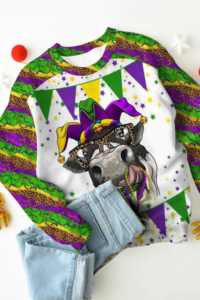 Mardi Gras Leopard Fleur De Lis Cow  With Beats Print Sweatshirt