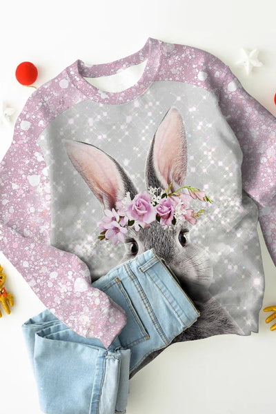 Glitter Cute Easter Bunny With Pink Wreath Printed Sweatshirt
